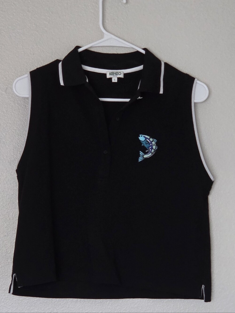 Vintage Kenzo Paris Black Polo with White Trim and Fish Crest